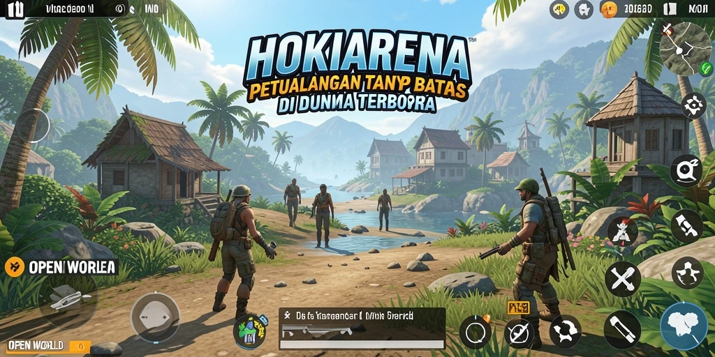 Antarmuka HOKIARENA yang menampilkan pemandangan dunia terbuka yang luas